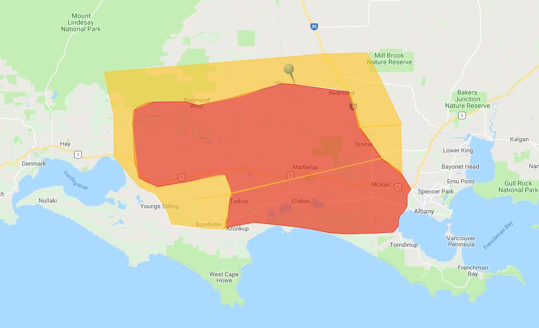 A bushfire EMERGENCY WARNING has been issued for people in an area bounded by Redmond West Road, Redhen Road, Albany Highway and the coast line in REDMOND, MARBELUP, MCKAIL, ELLEKER, and TORBAY in the CITY OF ALBANY. You need to act immediately to survive. emergency.wa.gov.au/#map/warning/b…