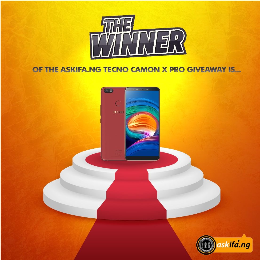 askifang's tweet photo. And the Winner of the #AskIfa Tecno Camon X Pro Giveaway is... https://t.co/7Z1DECSwxn https://t.co/gWwR57AHDZ