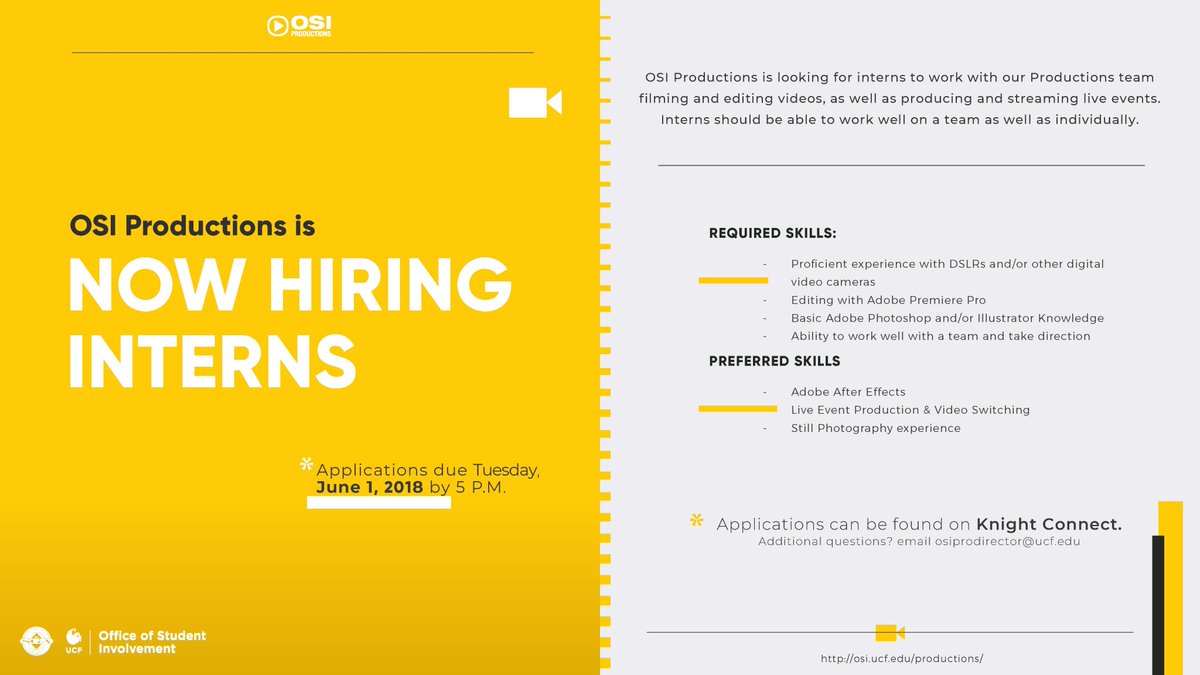 UCF_OSI's tweet image. Have experience in video productions?  @OSIProductions is hiring interns this summer! Applications available on Knightconnect.