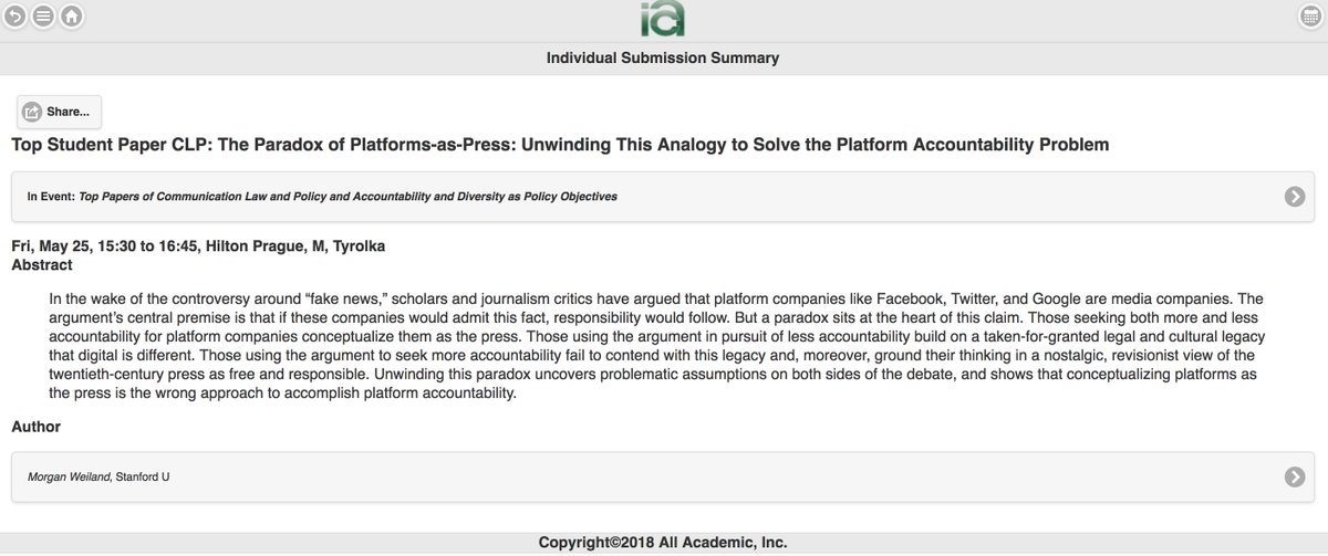 morganweiland's tweet photo. Fantastic #datapublics pre-conference today. Grateful for feedback on my "intermediated public sphere" work, theorizing structural role of platforms in society. Looking forward to presenting related research tomorrow about how not to think about platforms: as the press. #ica18 https://t.co/3anFdj18el