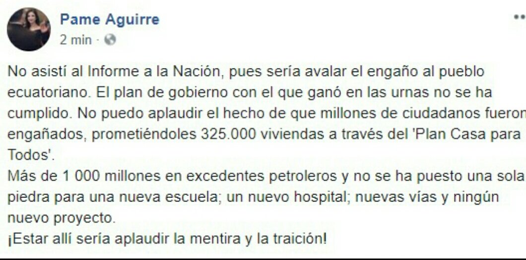pameaguirre1's tweet photo. No asistí al Informe a la Nación porque sería avalar el engaño y la traición al pueblo ecuatoriano que votó por un plan de gobierno con más derechos y obras, no por la demagogia y el retroceso. https://t.co/ggHcFW7kTb