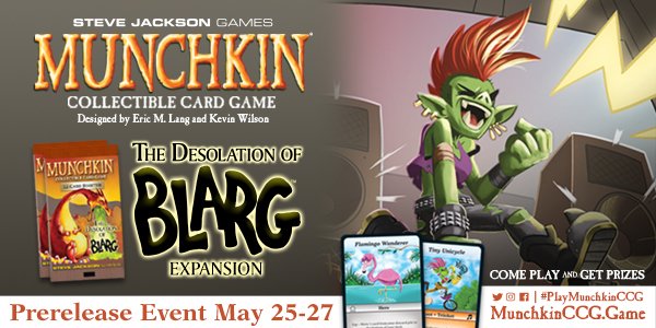 SJGames's tweet image. SJ Games staff are teaching you how to #PlayMunchkinCCG this weekend at select stores! Check out a Desolation of Blarg prerelease near you: bit.ly/2J7vLpk