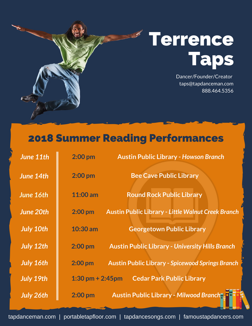 TerrenceTaps's tweet photo. My Summer Library tour starts next month in Austin TX. If you’re in the area, swing by and check me out. See schedule - https://t.co/LgDET5RHAT 
https://t.co/OGddwUeBfm 
#tapdance
#tapdanceshow
#summerreading https://t.co/oG3iBgF42J