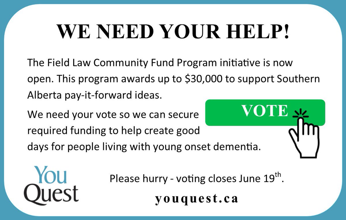 osborne_interim's tweet photo. Please help YouQuest Calgary with securing much needed funding for this worthy, and new, not-for-profit initiative. Visit https://t.co/xFuZYzuuM4 to vote.
#Dementia #youngonsetdementia #youquest https://t.co/uvt0P42NLu