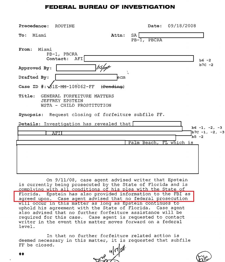 Wait. Was pedophile Jeffrey Epstein an informant for Mueller's FBI?From the 5/24/18 FBI Vault release: "Epstein has also provided information to the FBI as agreed upon."Is that why he escaped serious charges for molesting over twenty girls?