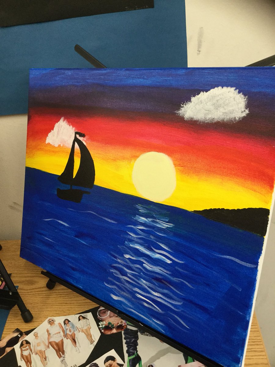 LRodriguezXHS's tweet photo. This picture and colors represents how someone may feel calm and at peace in the water. The sun setting is known to be calming just as this person may be. #xaverianartshow https://t.co/JAkMbzTDzk