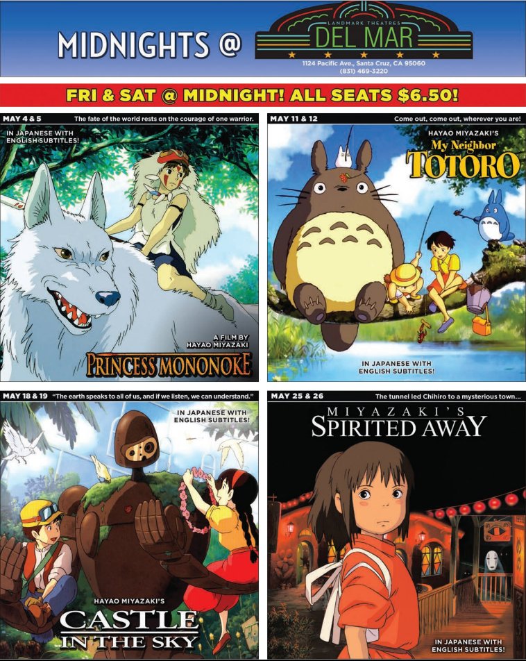 HotelSolares's tweet photo. Catch a midnight showing at the historic Del Mar Theater! This month will be featuring 4 Hayao Miyazaki films, every Friday and Saturday. This weekend they will be playing Spirited Away!
#santacruz #hotelsolares #delmartheater #miyazaki #midnightmovie https://t.co/khrx94NFjn