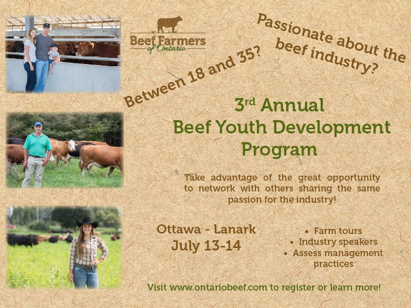 BeefFarmersON's tweet photo. Registration is now open for this year's Beef Youth Development Program! Happening this year in Lanark County/Ottawa! Don't miss out. #BYDP #youngproducers #ontag https://t.co/mjCg8IGHbS https://t.co/VVBqZ9fHTv
