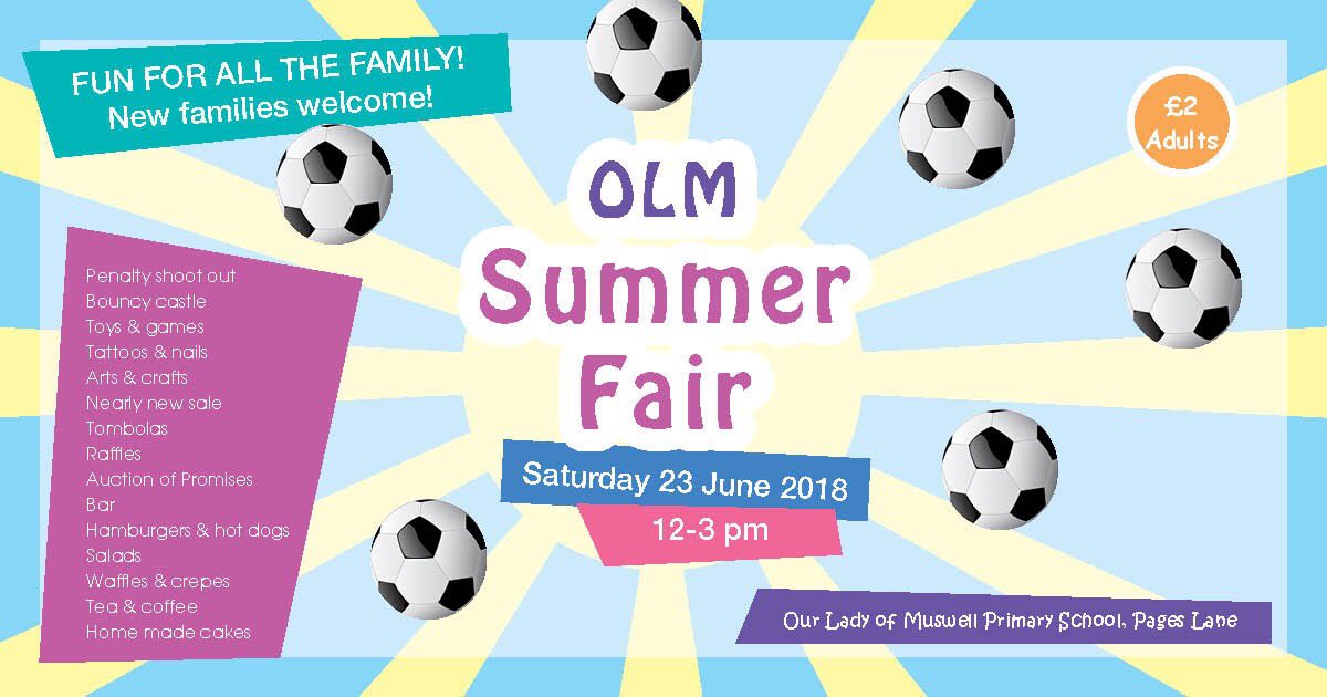 It’s official! OLM Summer Fair is on Saturday 23 June, 12:00-15:00⚽️World Cup theme⚽️Save the date! <a href="/OurLadyMuswell/">Our Lady of Muswell Primary School</a> @Muswellhillmum <a href="/PTAhour/">PTAhour</a> <a href="/Muswellife/">Muswellife</a> <a href="/MuswellHEvents/">MuswellHill Events</a> @MuswellHMums <a href="/MuswellHillNews/">CLOSED: MuswellHillNews</a> <a href="/MuswellHillN10/">Muswell Hill</a> 
#fundraising #school #volunteers #muswellhill #london #kids