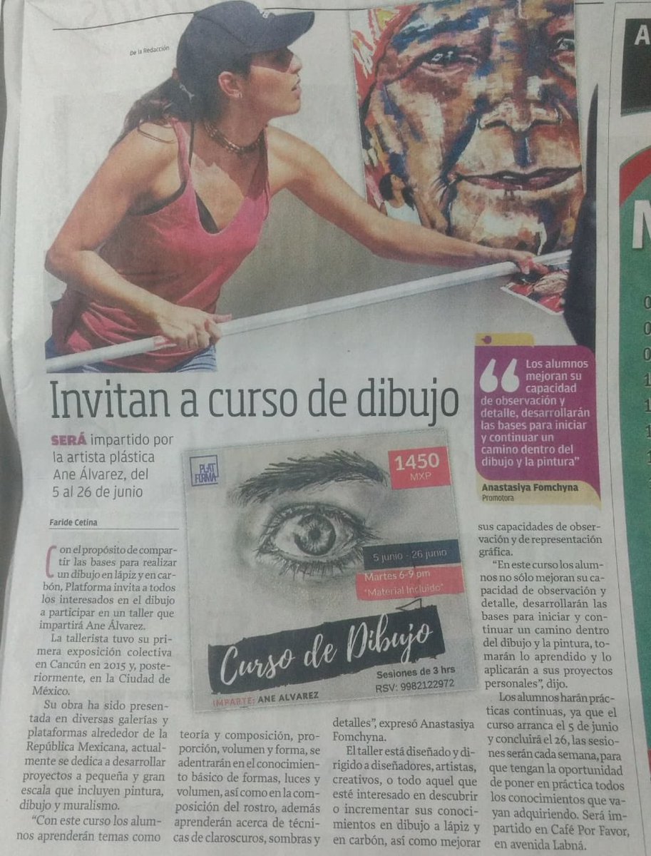 PlatformaMX's tweet photo. La nota sobre el curso básico de dibujo por Ane Alvarez en Platforma. Inscríbete con tus amigos y pasa un rato agradable, aprendiendo dibujo. ¡Quedan pocos lugares! RSV: 998 2122972 https://t.co/jN3Y0hRj16