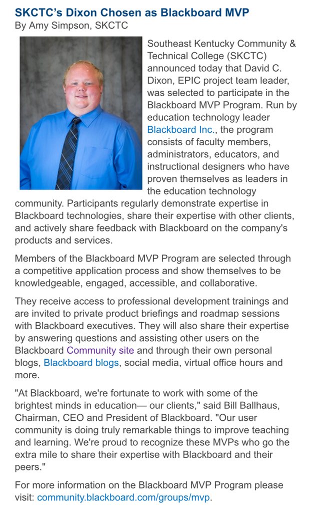 dcdixon24's tweet photo. Proud to represent @KctcsSoutheast and @KCTCS as a @Blackboard MVP... #BbMVP https://t.co/yunThoMnh3