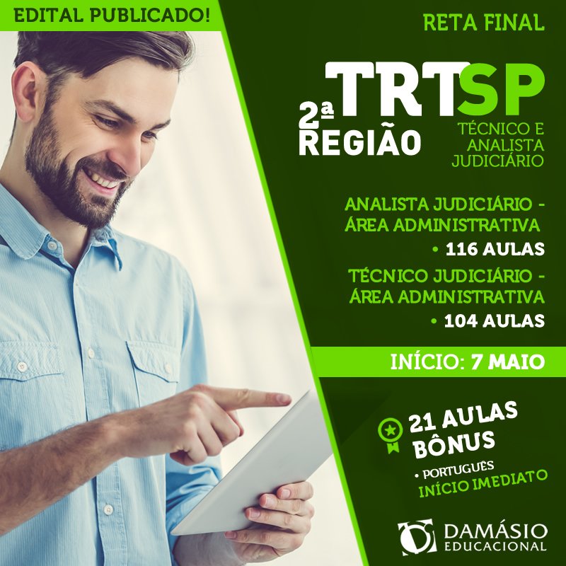 damasioaracatub's tweet photo. #EditalPublicado para o concurso do #TRT de SP!
Não perca tempo e estude com nossos professores para os cargos de #Analista ou #Técnico para este grande concurso.
Ligue 3301-2939 ou whatsapp 99141-8872.
#damasioaracatuba #trtsp #concursoTRT #APROVAÇÃO https://t.co/BzPKNcyP9J