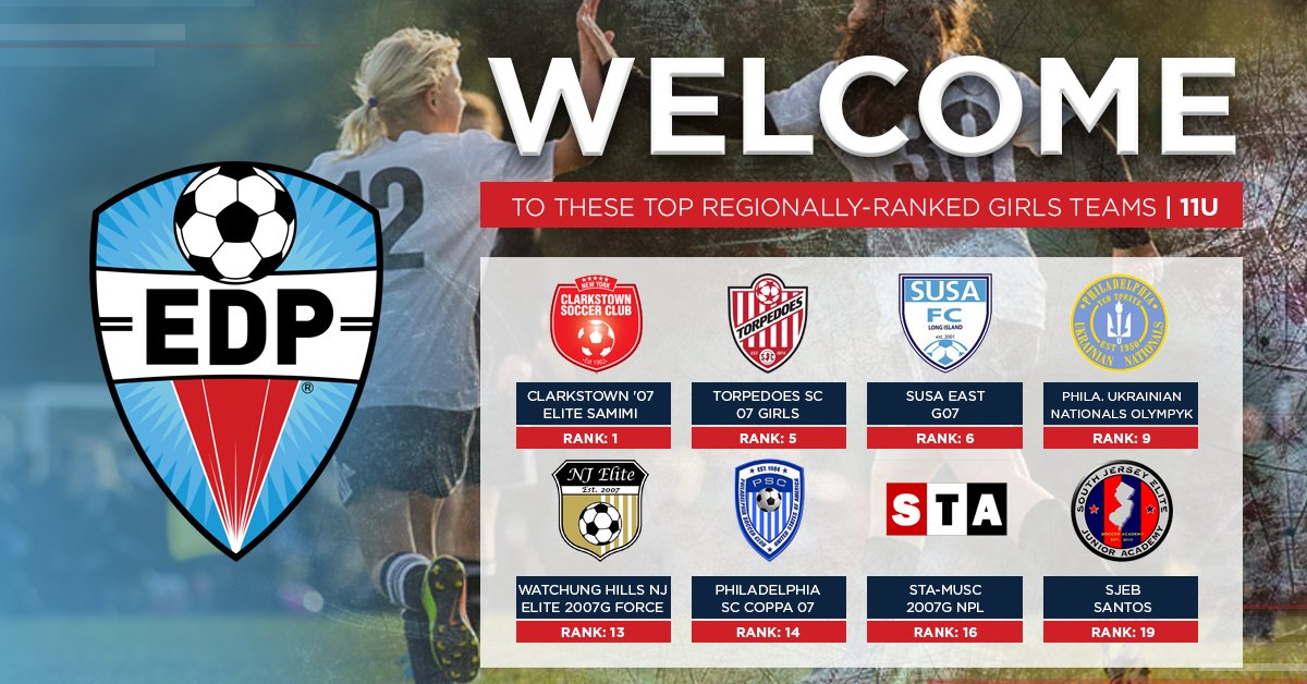 EDPsoccer's tweet photo. EDP is glad to welcome these top regionally-ranked 11 & under girls teams to its 2018-19 regional league program.
@ClarkstownSC #TorpedoesSoccer @susa_academy @UkrainianNats @NJEliteSoccer @PSCCoppa @STA_Soccer @SJEBRush
#EDPstrong #EDPSoccer https://t.co/7IhPN5KHvK