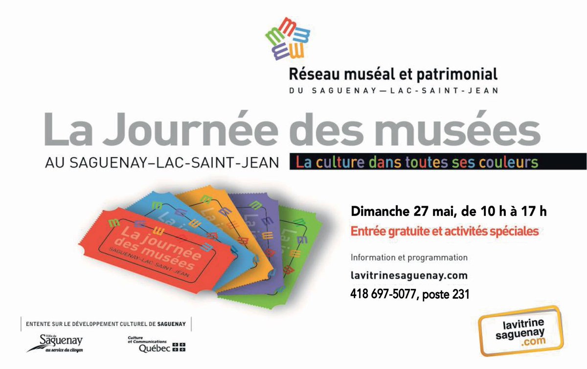 SaguenayLac's tweet image. Ce dimanche vous pouvez visiter gratuitement à 7 musées au Saguenay et 3 au Lac-Saint-Jean! De 10 h à 17 h. Des activités spéciales et animations au programme! #Saglac #cestgeant