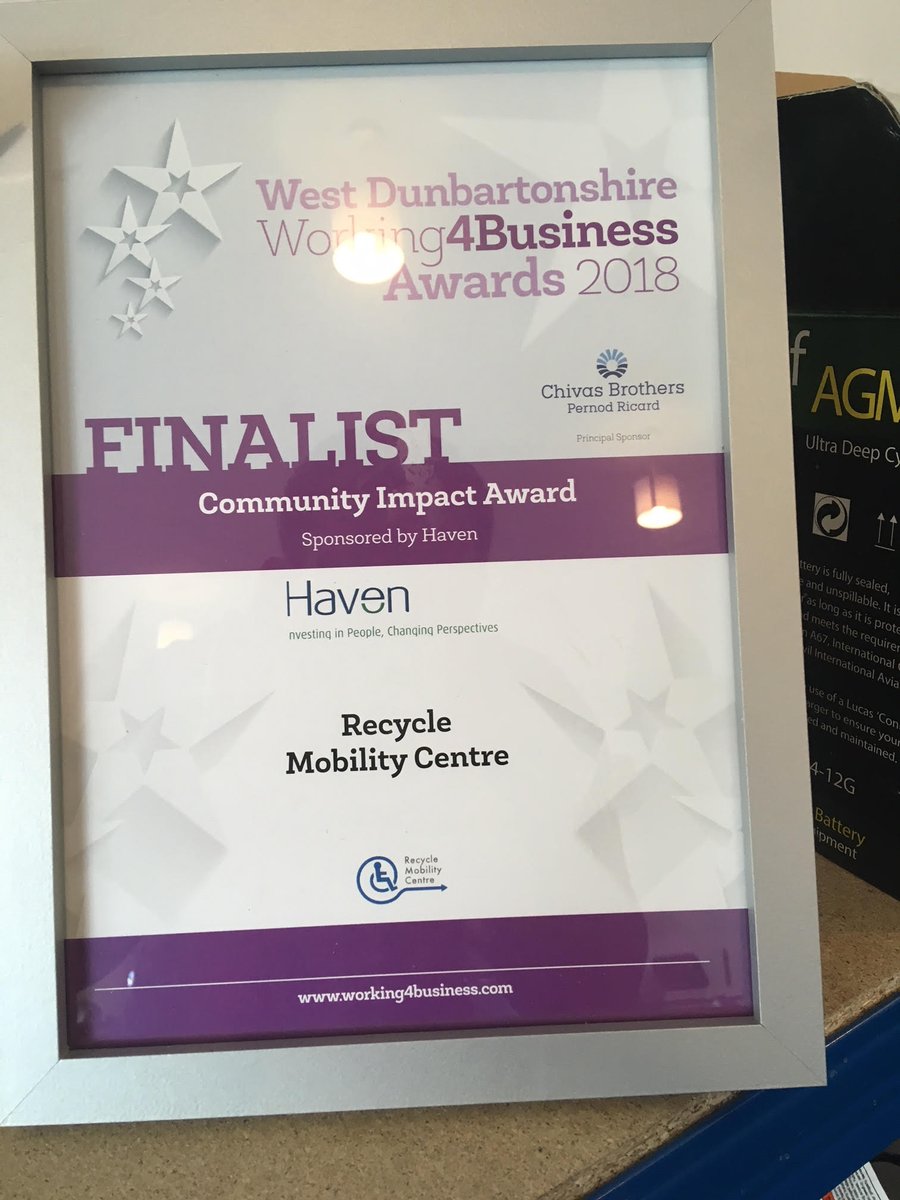 We are happy to announce our recent success at the West Dunbartonshire <a href="/Working4Biz/">Working4Business</a> Awards for 2018.

Finalists for the Community Impact Award sponsored by Haven Products:

working4business.com/working4busine…

***Check our other awards on our website***

recyclemobilitycentre.com