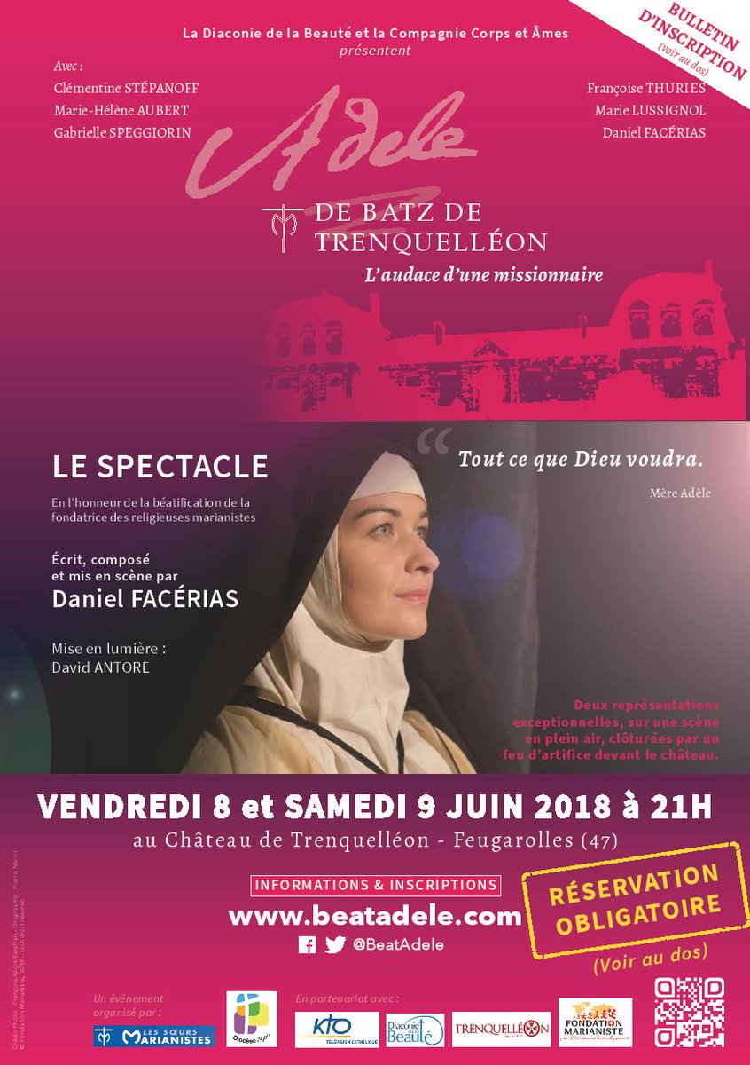 ClemStepanoff's tweet photo. Tous à vos réservations pour le spectacle Adèle, l'audace d'une missionnaire le 8 juin au Château de Trenquelléon près d'Agen pour la Béatification d'Adèle ! https://t.co/iQ5kb75doV