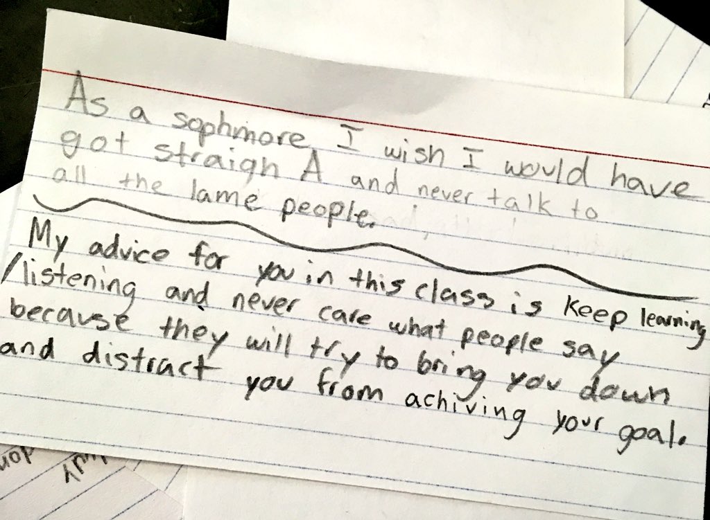 mayeliux1's tweet image. “As a Sophomore I wish i would have...”
“My advice for you (upcoming Sophomore class) is...”
Wow!!! I’m shocked by some of these responses. Some strong words. Makes me proud. #signsofmaturity #Sophomoreteacher @RaniEsposito @MrsG_P214 @msacastellanos - what do you think?
