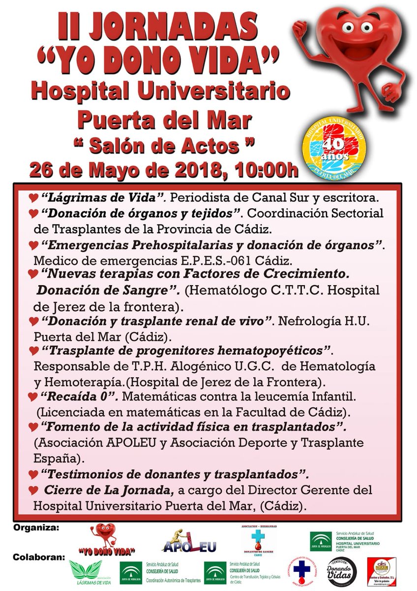 SA_ME_DE's tweet photo. Charlas II Jornadas @yodonovida 26 mayo Hospital del Mar @ApoLeu @HUPMCadiz vente a oir sobre Fomento de #ActividadFísica en #trasplantados https://t.co/t7IeP5uDfi
