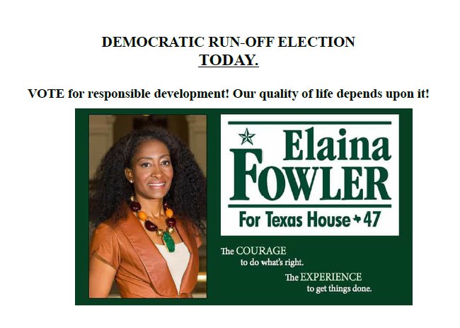fowlerfortxhd47's tweet photo. Today is Election Day. Vote Elaina Fowler Democratic nominee for Texas House District 47 @fowlerfortxhd47 https://t.co/4PZAPHKlMe