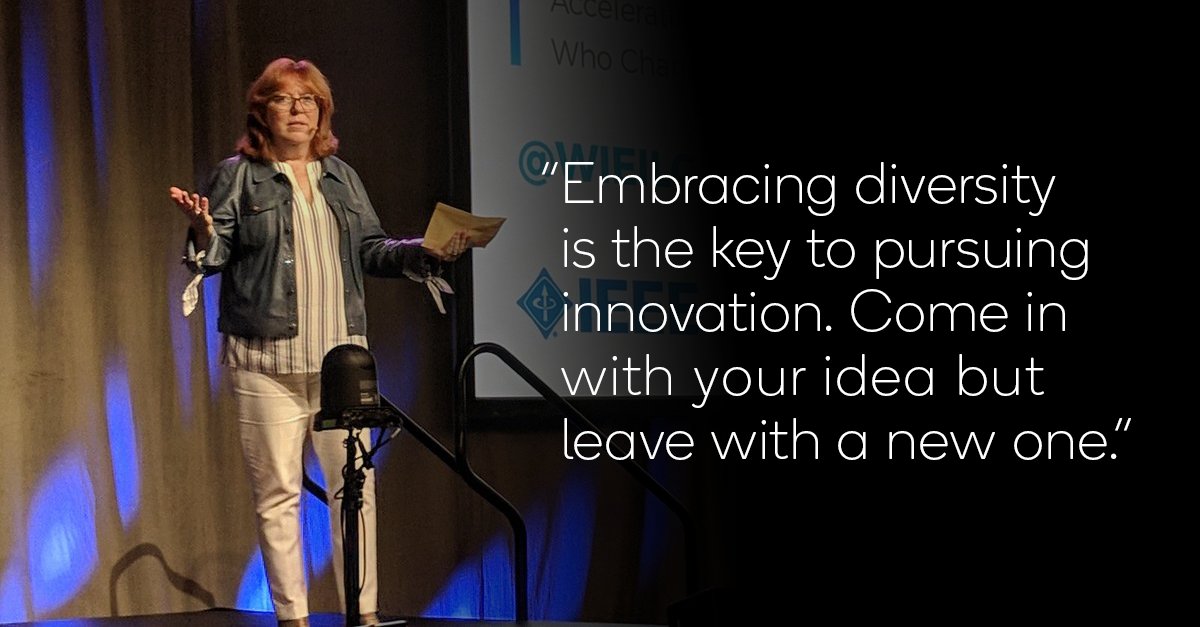 Qualcomm's tweet photo. This morning at @wieilc’s #WIELead, Qualcomm CIO @MaryAGendron spoke about the importance of authenticity, diversity and how they feed innovation. #WomeninSTEM #Leadership https://t.co/fSjkYFZZnq