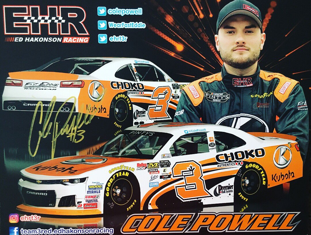 ColePowell's tweet photo. 2018 Nascar Pinty’s autograph card ! I might be a little biased when I say damn they are cool looking ! But what do you think ? #nascarpintysseries @kubotacanada #premierbulksystems #chokoauthentics #fasteddies #EHR #colepowellracing.com https://t.co/CUmgKXJ6XA
