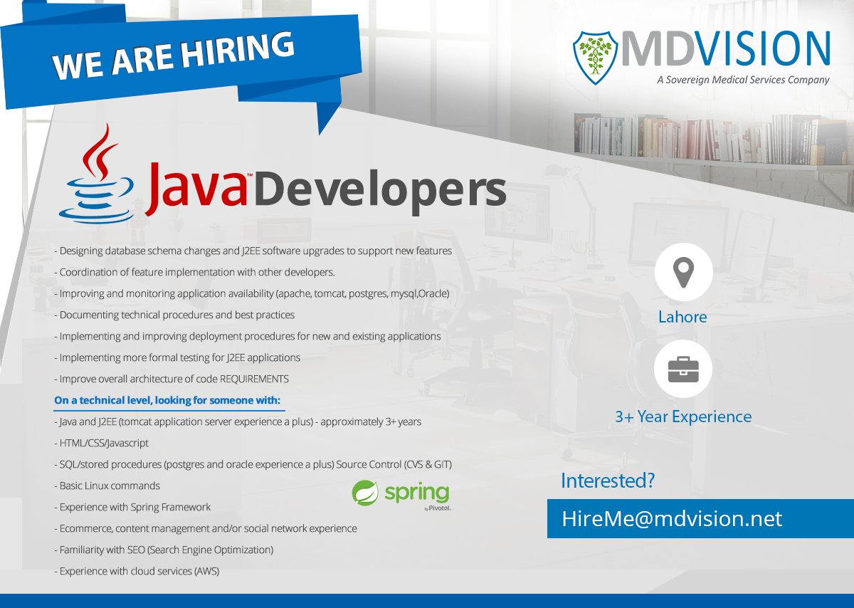 mdvisionpvtltd's tweet image. #Required #Java_Developer #HTML #CSS #JavaScript #MySQL #Oracle #J2EE #CVS #GIT #AWS #Tomcat #Postgres #Programmer #MDVision #HealthCare #ITJobs #JobInLahore