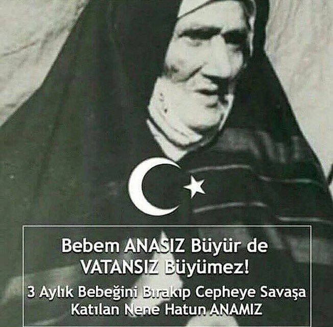 Osmanlı-Rus savaşı sırasında beşikte bebeğini bırakıp cepheye koştu. Birinci Dünya Savaşı'nda 4 oğlundan üçünü şehit verdi. 

Kahraman Türk kadını #NeneHatun'u vefatının 63. yılında rahmet ve minnetle anıyoruz.