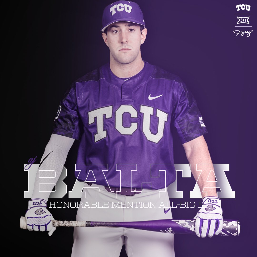TCU_Baseball's tweet photo. A.J. Balta leads the team with 46 RBIs and 14 doubles. In league play he is hitting .325 with four home runs. #GoFrogs https://t.co/6T2L2gjuMU