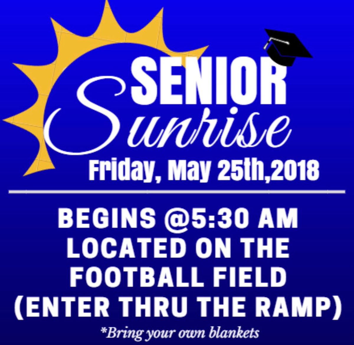 miramesa2018's tweet photo. Watch the sunrise with your fellow Seniors this Friday morning beginning at 5:30 AM! Spread the word 💙 https://t.co/UYm7dlyP8O