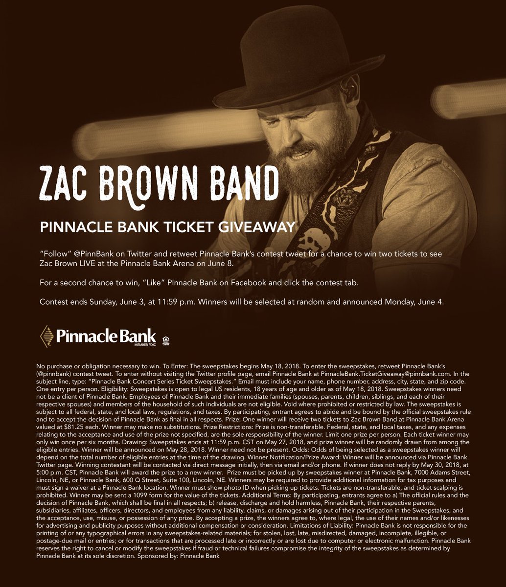 pinnbank's tweet photo. Want to see @zacbrownband at @PinnacleArena on June 8?

All you have to do is retweet this tweet to be entered to win! https://t.co/SIEgZQxaWx