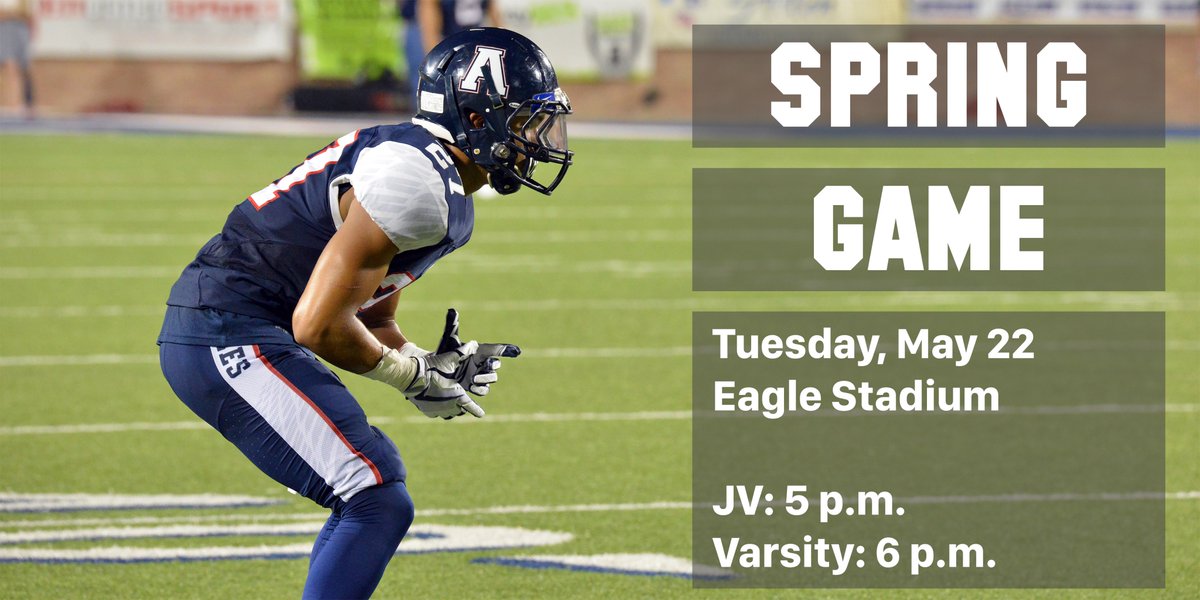 Allen_ISD's tweet photo. It's Back! The Spring Football Game is tonight at Eagle Stadium. JV plays at 5 p.m., followed by the varsity game at 6. Admission is free and temperatures should be in the mid to low 80s, so bring the whole family out and enjoy some football. #SpringGame2018 https://t.co/urM9CmccBo