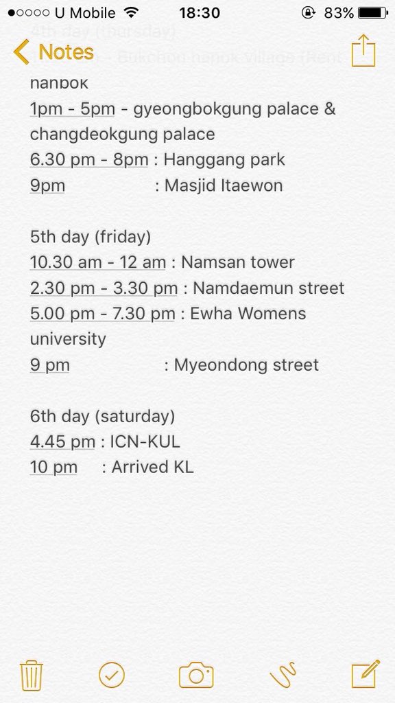 Ok guys, I tambah, full itinerary for 6 days 5 night in Seoul. since ramai mintak. Sorry messy sikit sebab guna notes je, tak sempat buat proper. Hope it helps! 