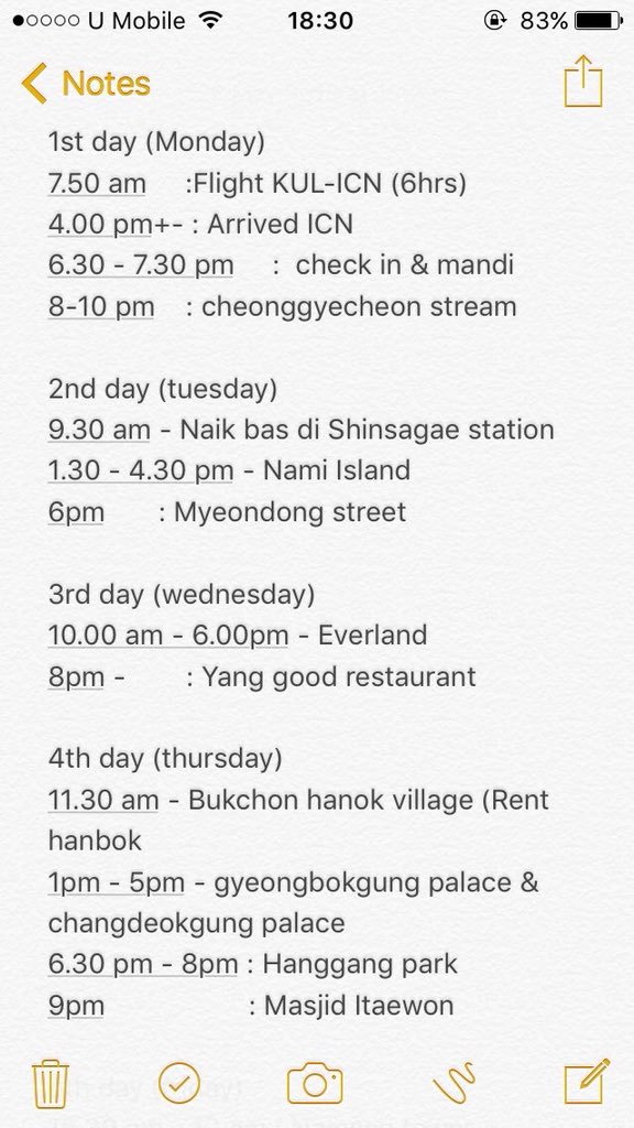 Ok guys, I tambah, full itinerary for 6 days 5 night in Seoul. since ramai mintak. Sorry messy sikit sebab guna notes je, tak sempat buat proper. Hope it helps! 