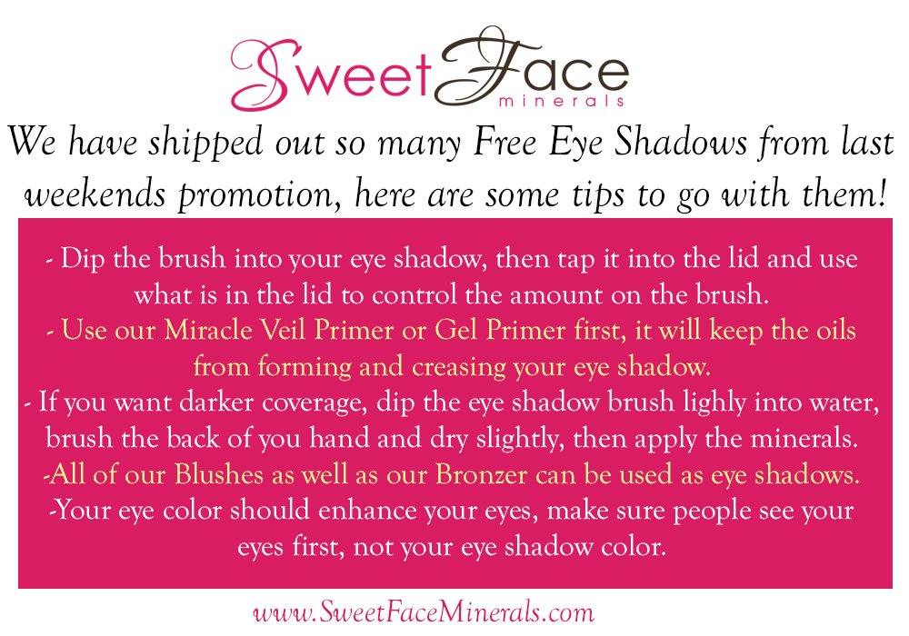 SweetFaceMakeup's tweet photo. Here are some Eye Shadow tips to go with the FREE Eye Shadow on its way to you after last weekends promotion! Click here to see all of our eye shadows: https://t.co/NJQla5K8t3
#makeuptips #eyeshadowtips #mineralmakeup #makeup #sweetfaceminerals #beautytips #allnatural #organic https://t.co/CxvHWvwWkI