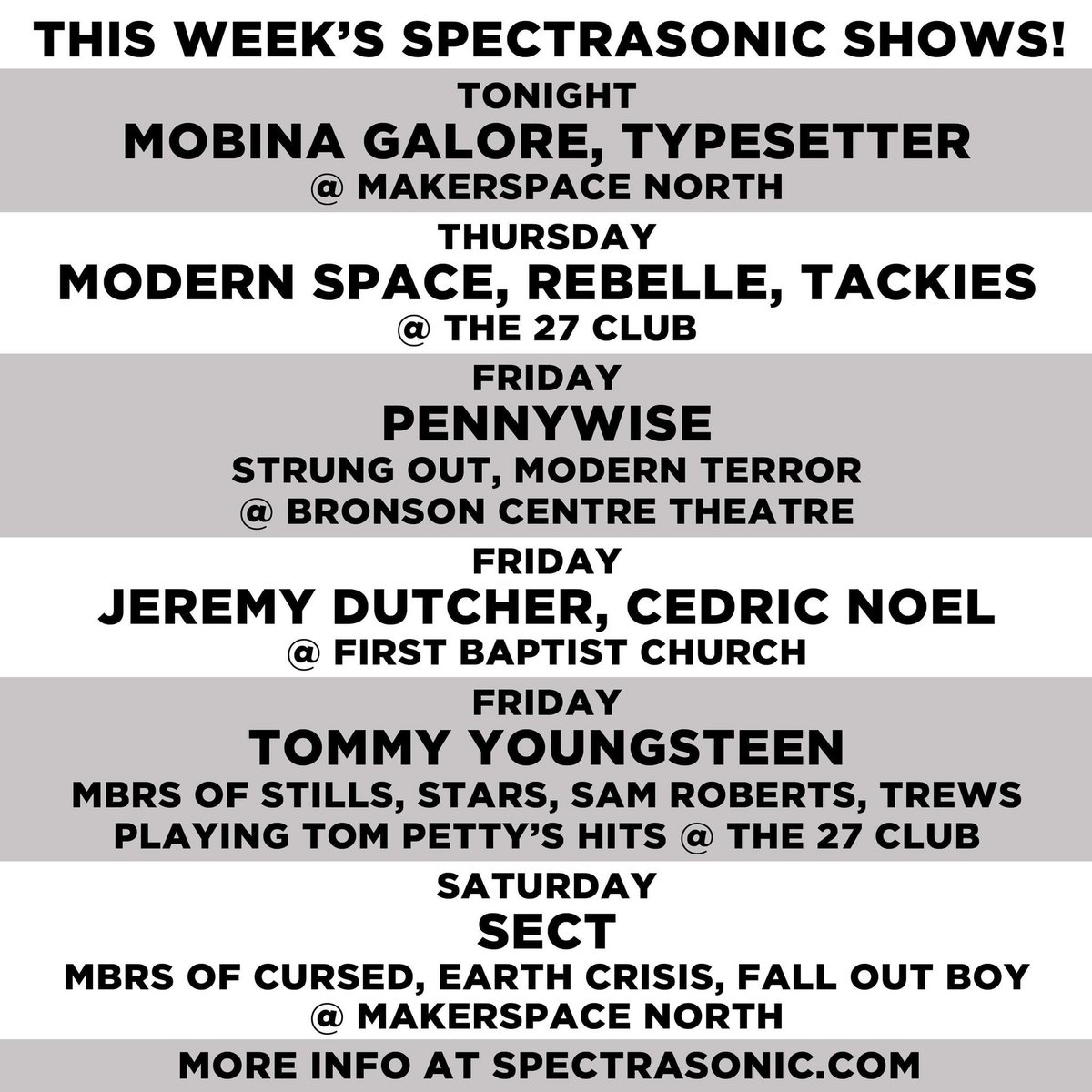 spectrasonic's tweet photo. THIS WEEK!

@MobinaGalore / @ModernSpaceBand / @RebelleCanada / @Pennywise / @JeremyDutcher / @sectxvx 

++ MORE

TIX ++ INFO: https://t.co/FPpLwaYHtA https://t.co/MYP0NkIb0J
