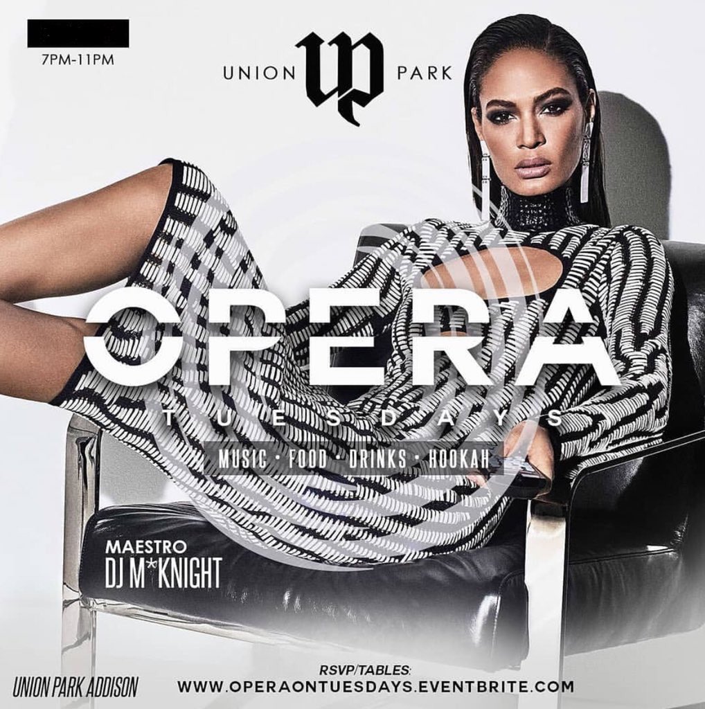 DDDNights's tweet photo. The new hang out spot on Tuesdays!
Today at 7pm
#OperaTuesdays at Union Park
Hookah +
$5 Wells +
3 JUMBO Wings & Fries for $5 +
Games +
Dope Music by DJ @M_Knight @Acquired_Taste https://t.co/W6MPrqDeXY