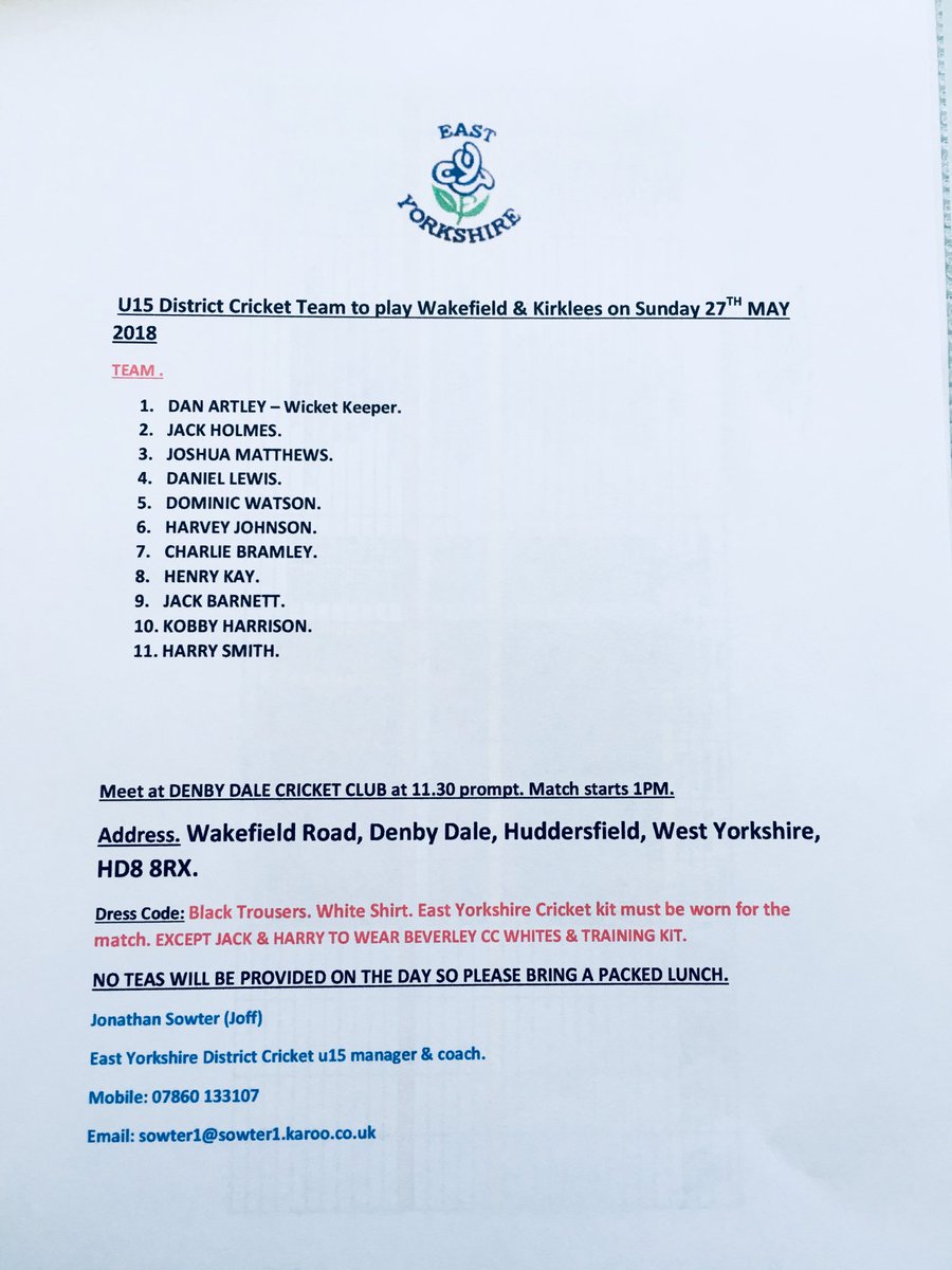 East Yorkshire District Cricket u15 v Wakefield &amp; Kirklees u15’s - Sunday 27th May 2018.