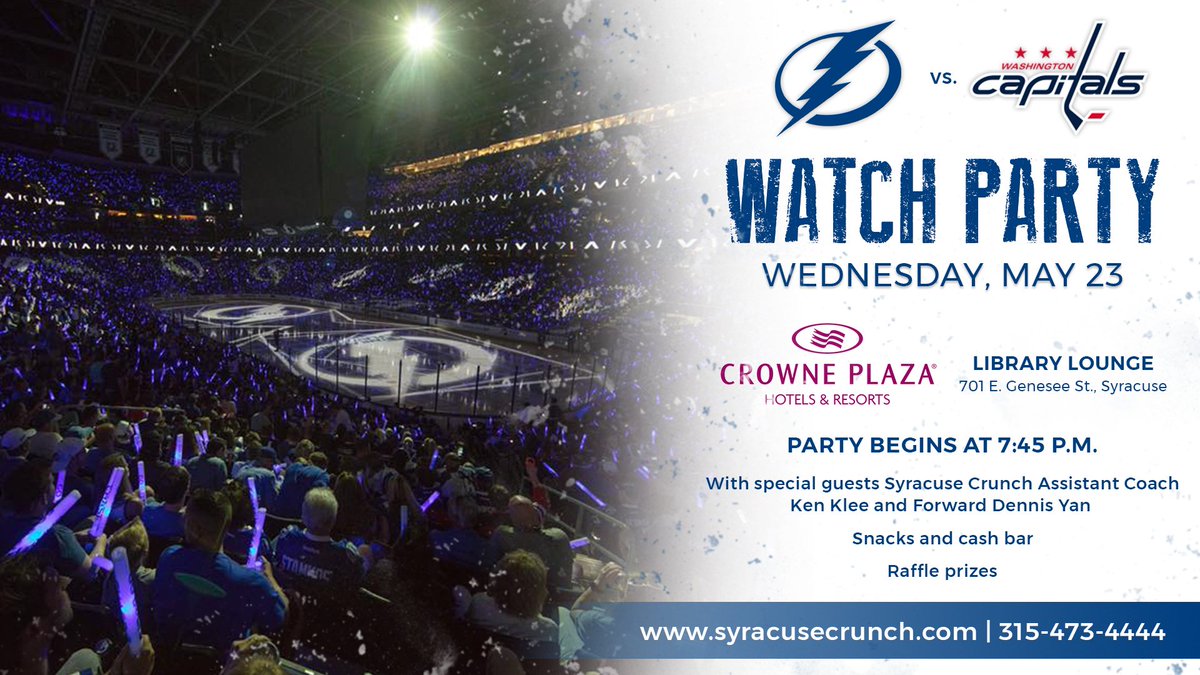 SyracuseCrunch's tweet photo. We’re hosting a Game 7 Watch Party at @CPSyracuse tomorrow.

Join us as we cheer on the @TBLightning in the Eastern Conference Final.

The Watch Party is free and open to the public. No registration necessary. https://t.co/haisMfGXOB