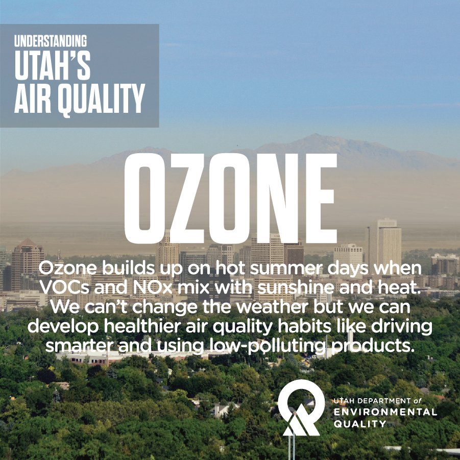 UtahDEQ's tweet photo. Summertime is right around the corner. The long hot days in Utah fuel the formation of ozone in our air. Learn more about O3 and Utah's other air pollutants in this week's blog: https://t.co/Fgi400kjLa https://t.co/oRubAm8OrB