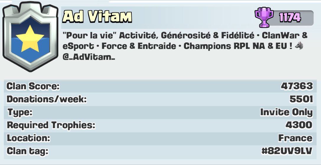 _AdVitam_'s tweet photo. [ANNONCE]

Ad Vitam recrute des joueurs capables de rivaliser avec l’adversité dans l’optique de grimper dans le classement des Guerres de Clans. Si vous êtes actif avec un profil convenable n’hésitez pas à nous rejoindre.

A bientôt dans l’arène 😘 https://t.co/rEM0LZxh0H