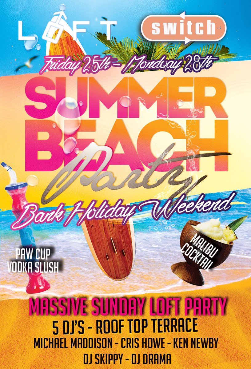 Switchbarnewc's tweet photo. ***Bank Holiday Weekend Alert! ***

Vodka Slushies 🍸
Roof Top Terrace 🌞 
Bar Decor 🌺 
5 DJ's 🎧
@mmaddison001 

#bankholidayweekend #bankholiday #lgbt #gaynewcastleuk #sun #slush #beer #party https://t.co/rcB4W3hBE8