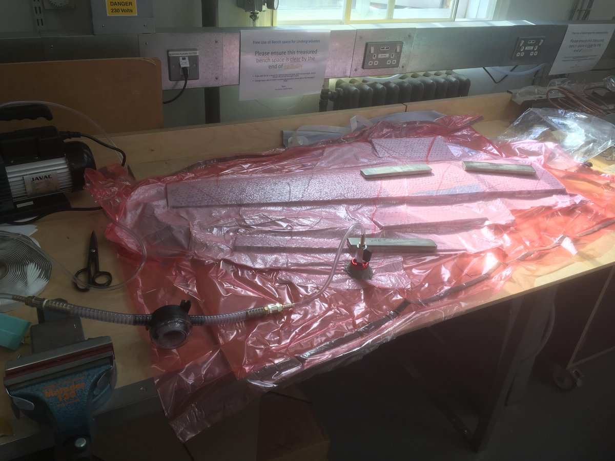 CUUASS's tweet photo. Producing our UAV's first wing!
We're using blocks of XPS foam, then cutting our airfoil shape, ailerons, and flaps using a hot-wire cutter. Finally, the wing is layered with fibre glass and vacuum-bagged overnight - more updates to come! https://t.co/ij1haI817P