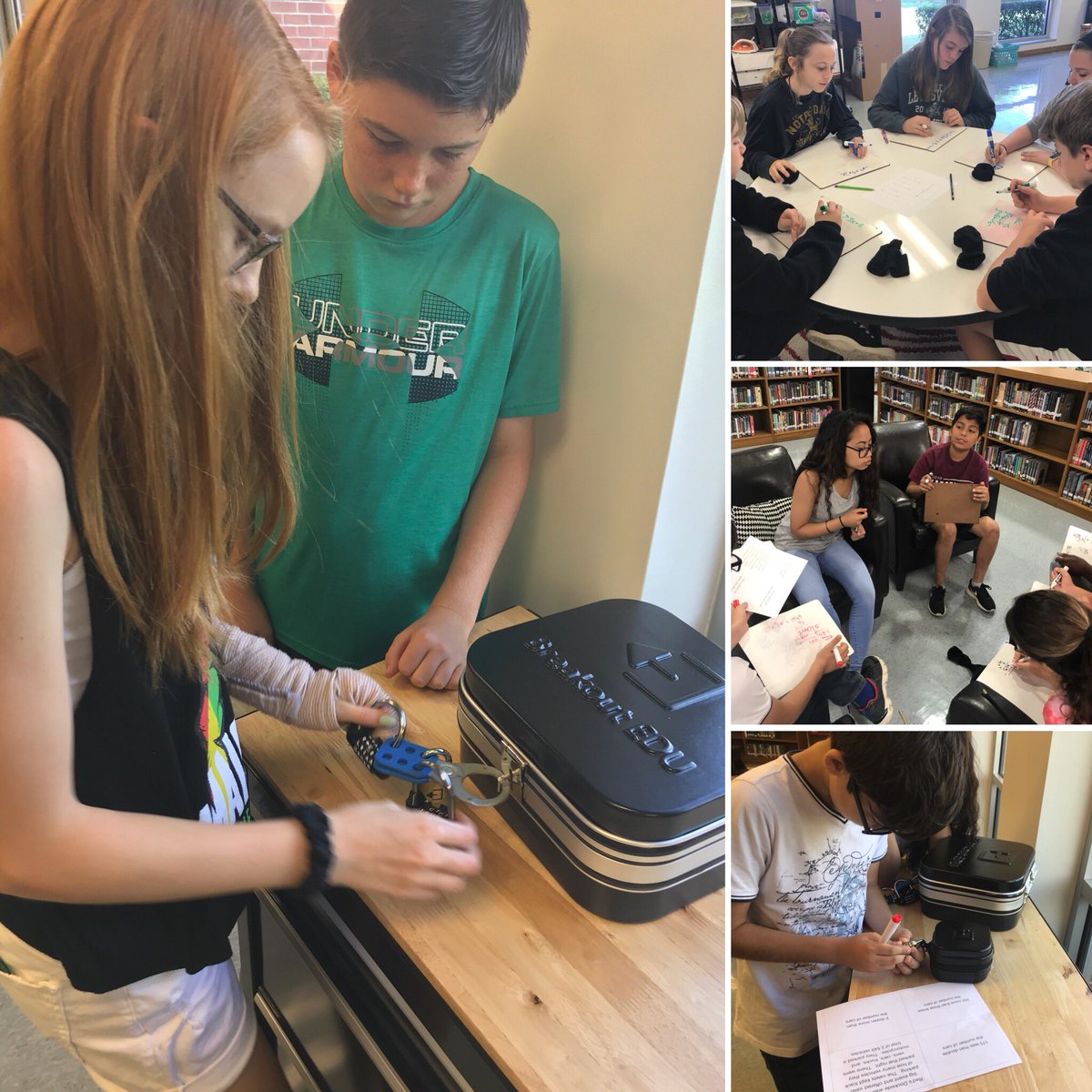 jencollinsworth's tweet photo. Breakout Session 1st Period 7th Grade Class ... we tried to solve the clues, but one lock was left unsolved. They didn’t break out☹️ #breakoutedu #middleschoolmath @LamarMS https://t.co/T8lb7qrqzo
