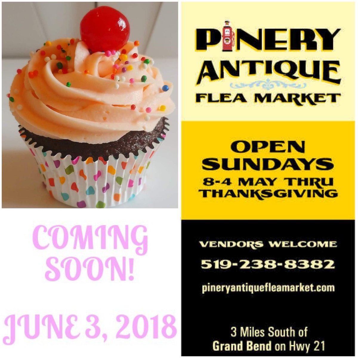 BIG NEWS! <a href="/FFondant/">Flavourful Fondant</a> is bringing a pop-up gourmet cupcake store to the Pinery Antique Flea Market in Grand Bend, ON.  We will be there every Sunday 8AM - 4PM beginning June 3rd to Thanksgiving.   #gourmet #cupcake #pineryantiquefleamarket #grandbend # #cake #creative #food #sweets