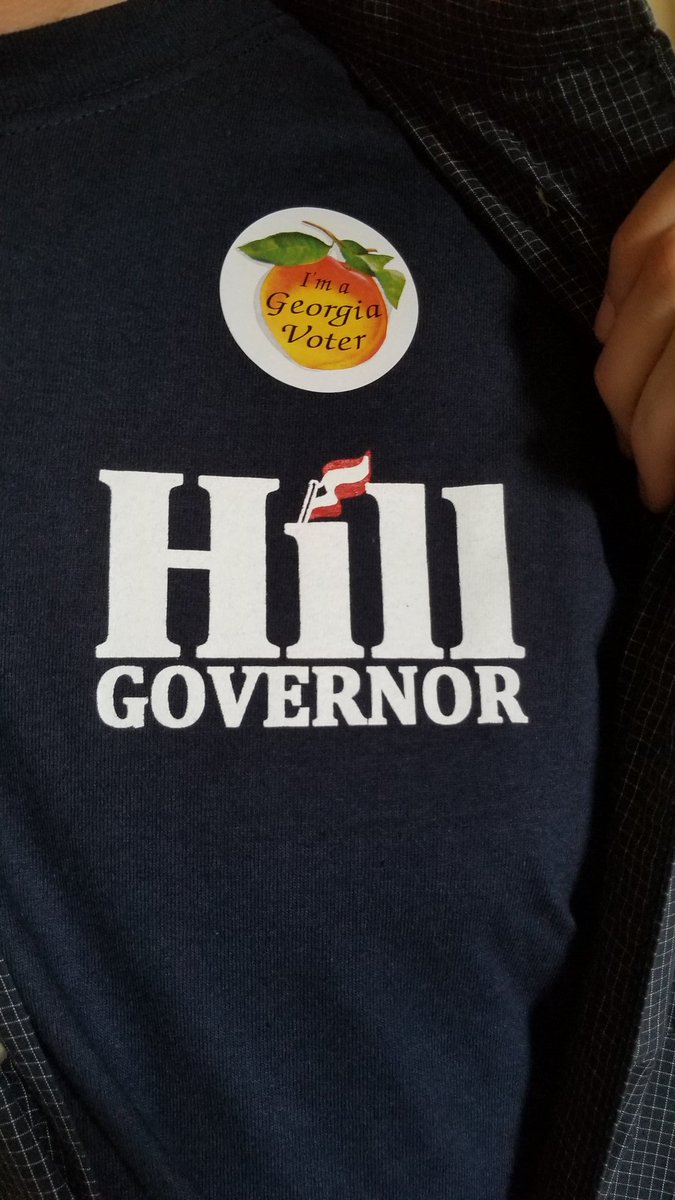 Sam_Teasley's tweet photo. I know you can't visibly support a candidate at the polling location, but nobody says it can't be the undershirt :-)  Proud to support @votehunterhill today!  He is committed to low taxes, less government, more freedom, &amp; protecting God-given rights. #gapol #GaGOP #postthepeach https://t.co/VSOSgv2Px3