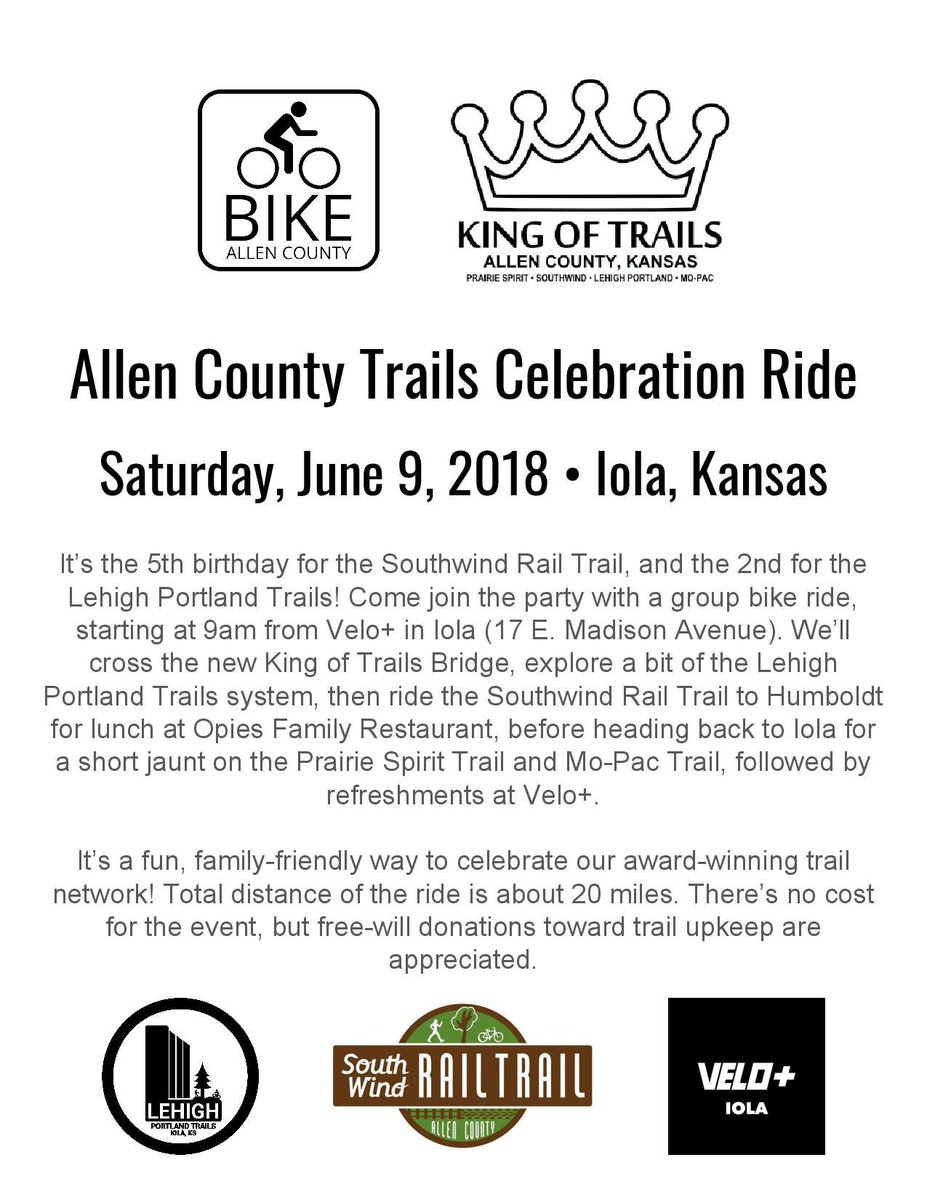 Join us on June 9th for a family-friendly ride to celebrate Allen County Trails! bikeallencounty.org/news/allen-cou… … #allencultureofhealth #lehighportlandtrails <a href="/LehighTrails/">Lehigh Trails</a> #southwindrailtrail @bikeprairiespirit <a href="/Velopluskc/">Velo +</a>