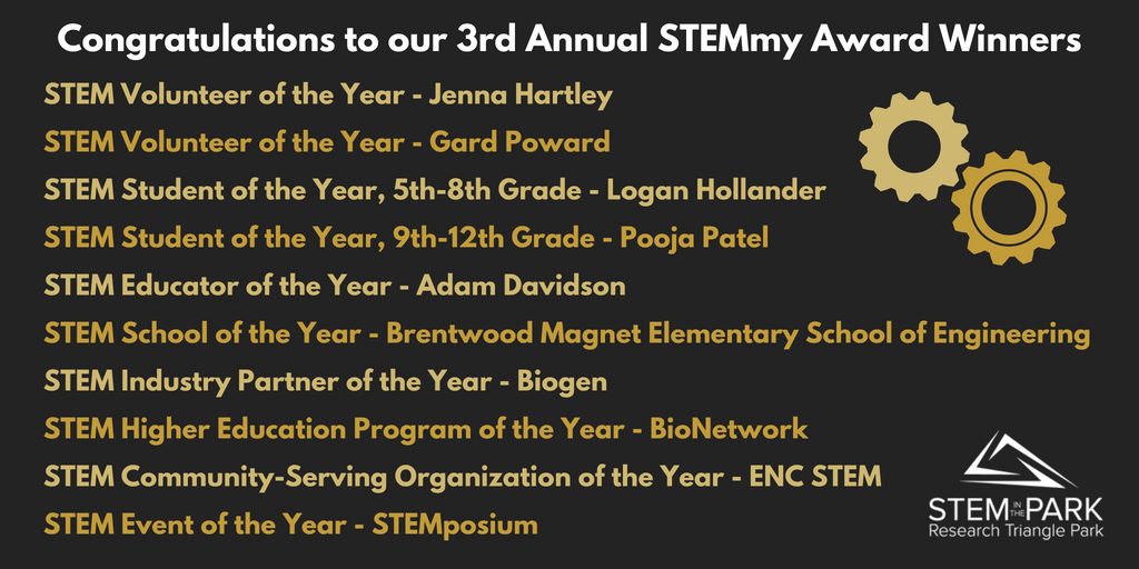 STEM_RTP's tweet photo. A huge congratulations to all of our STEMmy Award winners for this year! We are looking forward to celebrating with all of you tomorrow! #STEMmys https://t.co/txQRRMUOjd