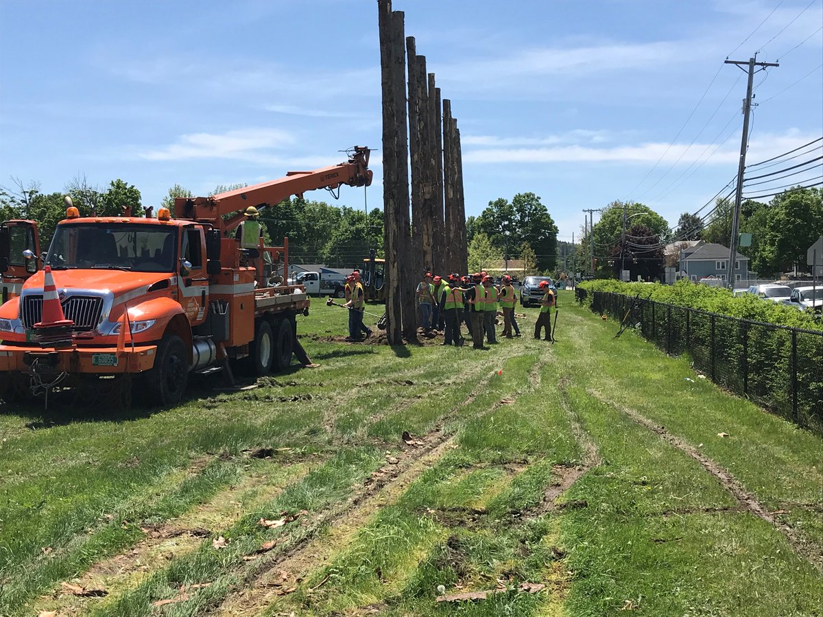 Forestry students worked with Gary Hewson (former Forestry student) &amp; Mac Vanarsdale from <a href="/Greenmtnpower/">Green Mountain Power</a> to help set ten 35’ tall Spruce poles to be used in VT State Game of Logging competition May 25th.  Many thanks to <a href="/GreenMtnPower/">Green Mountain Power</a> for generously donating time &amp; equipment!