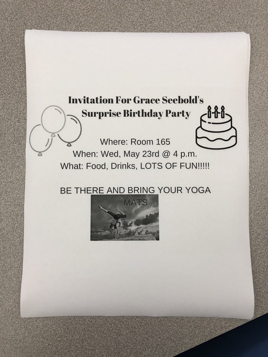 thecurrentcyhs's tweet photo. You are invited to Grace Seebold’s surprise birthday party! The theme is YOGA and there will be gluten free brownies, fruits &amp; veggies! The party will be held in room 165 tomorrow at 4:00 p.m. Make sure you bring a yoga mat! (this is only a class activity for event planning) https://t.co/SRfmy0Idpg