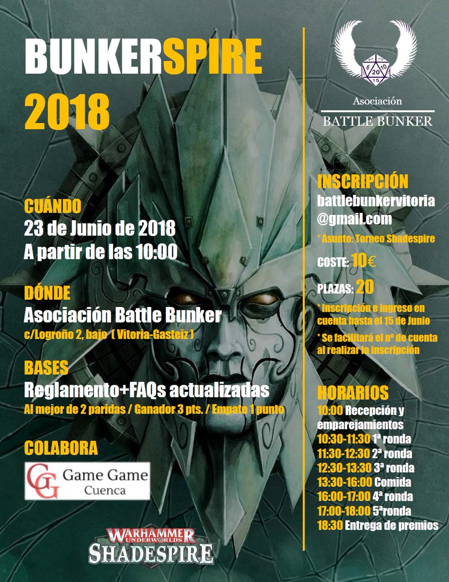 ¡Nuevo torneo! El 23 de junio pasaros por nuestro local de Vitoria para jugar a #Shadespire, el juego de moda de Games Workshop. 5 rondas, bandas molonas y mucha sangre. Toda la info en el cartel.